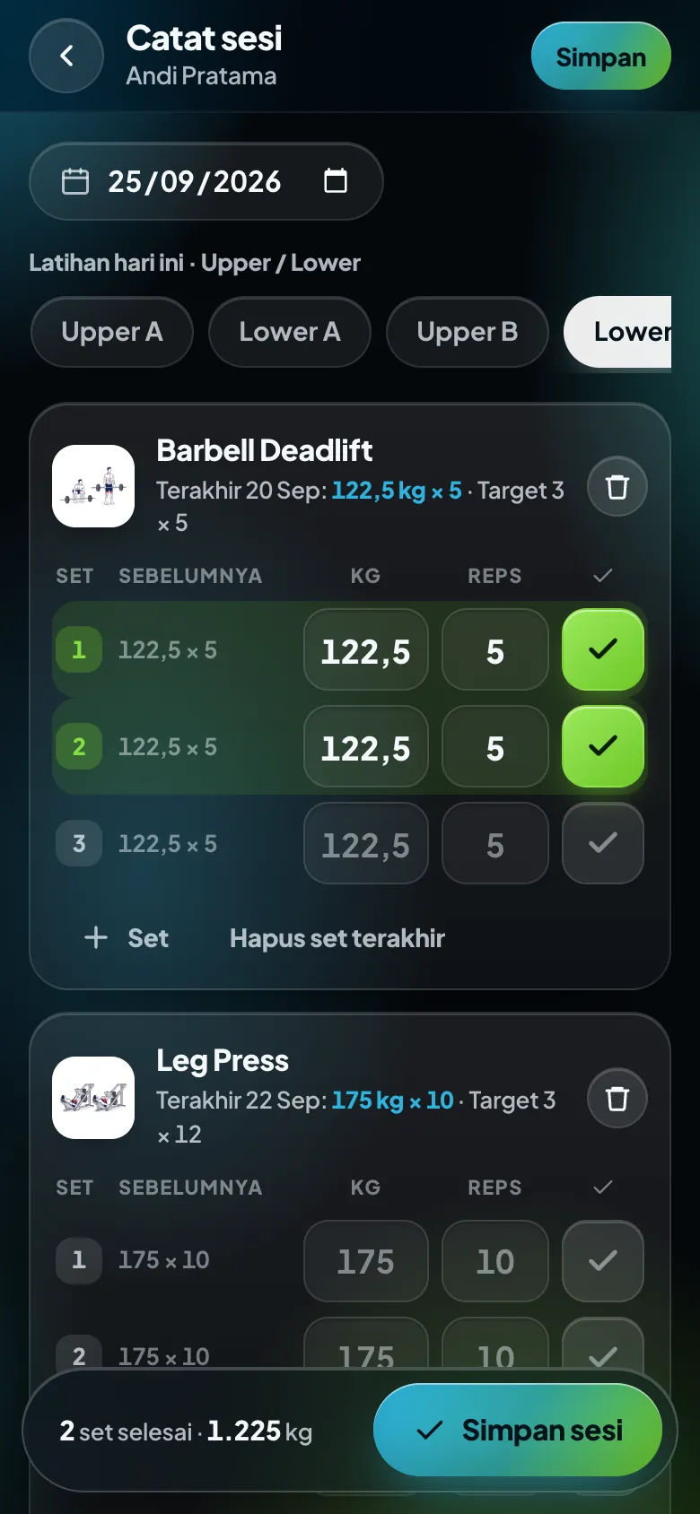 Layar catat sesi dengan beban sebelumnya